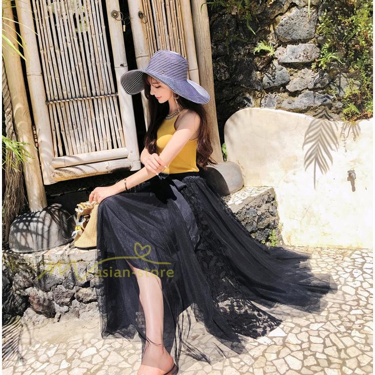 スカート | フレア チュールレディース ロングウエストゴム 春夏 リボン マキシ ドッキング 20代30代40代 着痩せ カジュアル お出かけ