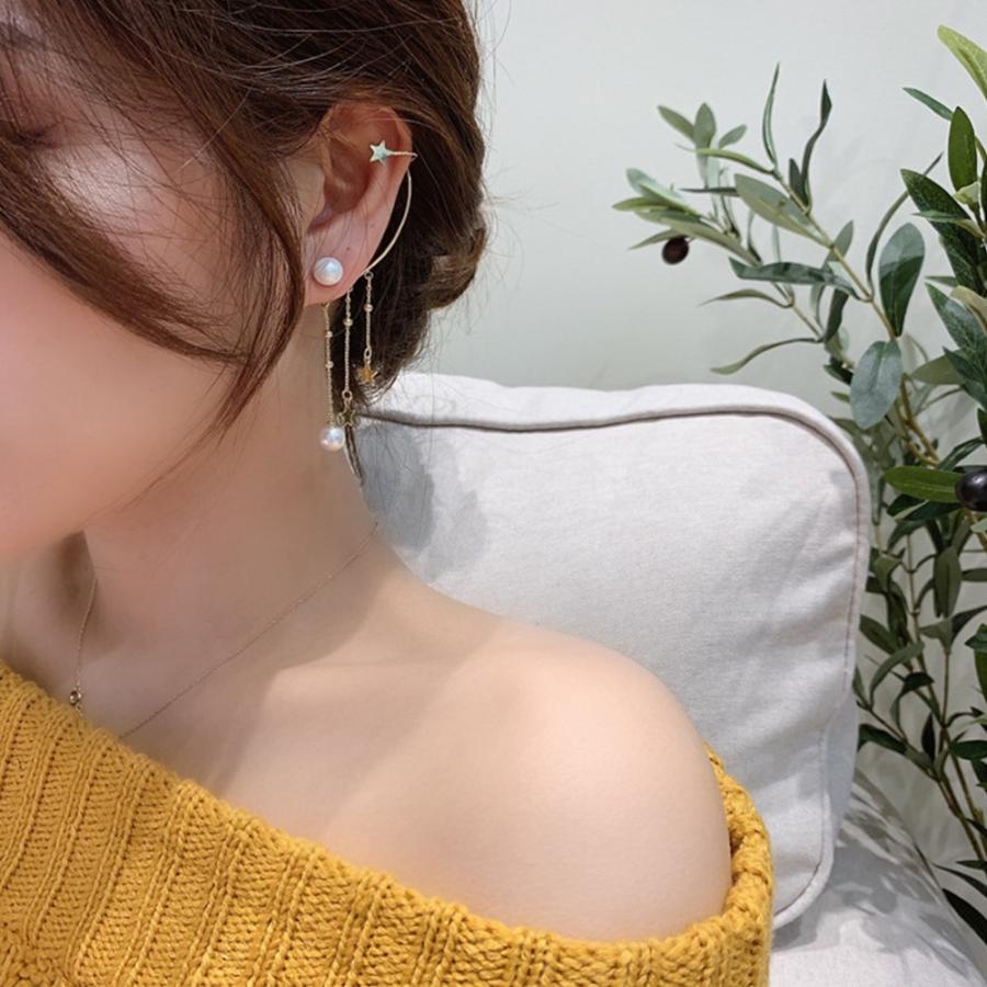 その他アクセサリー | イヤーカフピアス ロング イヤークリップ パール イヤーカフ レディース アシンメトリー 星モチーフ チェーンピアス