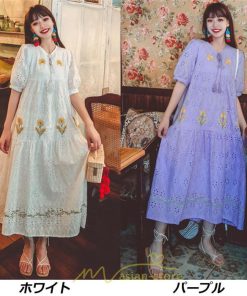 マキシ | ロングワンピース 夏秋 レディース 五分袖 普段着 同窓会 細見せ ハイウエスト コットン レース Aライン 白 紫 刺繍 Vネック キャンプ 旅行 上品 鎖骨 華奢魅せ