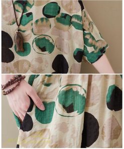 マキシ | Aラインワンピース レディース フリーサイズ 着痩せ プリント 5分袖 クルーネック 麻 綿 リネン 体型カバー ゆったり 薄手 サマーワンピース 夏コーデ