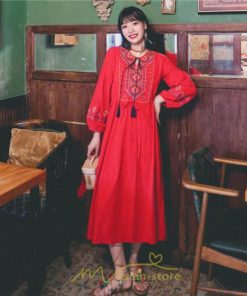 マキシ | ワンピース レディース 刺繍 綿麻 レトロ調 インスタ映え ナチュラル エスニック風 民族風 ボヘミアン 撮影 リゾート 柔らかい ウエストリボン長袖 イベント