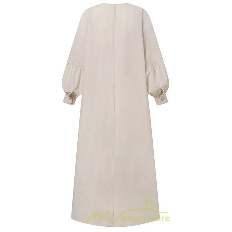 マキシ | 秋ワンピース 長袖ワンピース レディース 秋物 ワンピース 綿麻風 パフスリーブ ボリューム袖 無地 大きめ Vネック フレアワンピース ロングワンピース