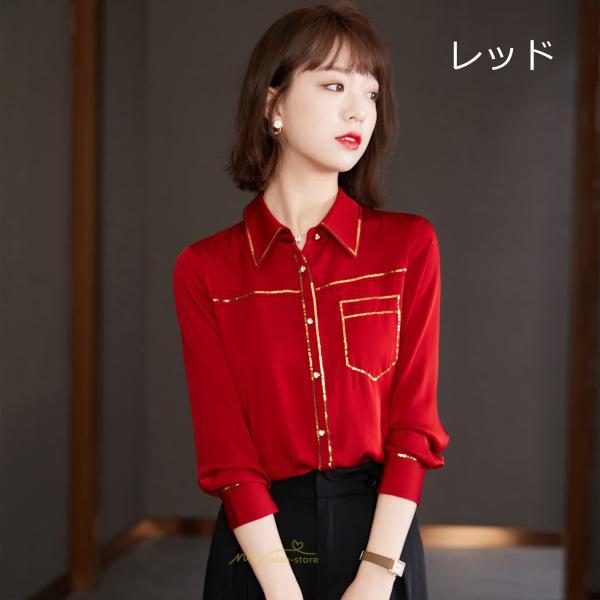 シャツ・ブラウス | ブラウス レディース シャツ トップス 赤 長袖シャツ 無地 オフィス カジュアル おしゃれ シフォン 通勤 通学 ナチュラル 可愛い 上品 オシャレ 秋服 キレイめ