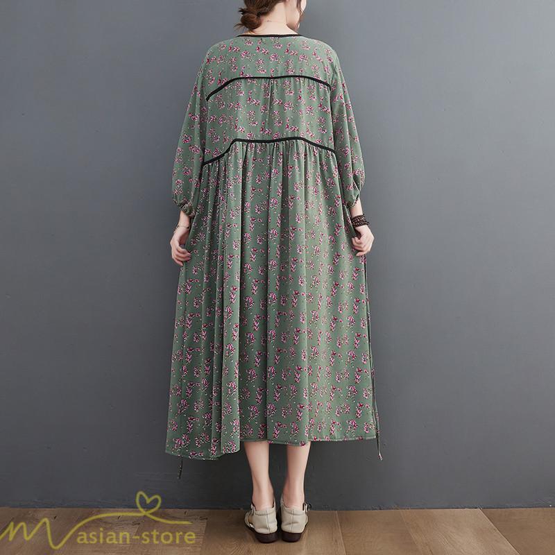マキシ | ワンピース レディース Vネック 7分袖 秋 ロングワンピース フリーサイズ 花柄 40代 50代 大人 レトロ風 ゆるワンピース カジュアル 秋コーデ 30代 大人 20代