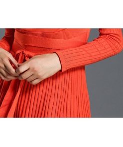 ミディアム | ワンピース レディース ひざ丈ワンピ フレアワンピース Ｖネック 長袖 体型カバー ワンピース 通勤 二次会 カジュアル パーティー 上品 リボン付き