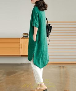 送料無料SALE | ワンピース 夏シャツ レディース 五分袖 シャツワンピース 綿麻 無地 プルオーバー 体型カバー ゆったり 大きめ 夏服 ポケット 30代40代 膝丈 おしゃれ 前後差