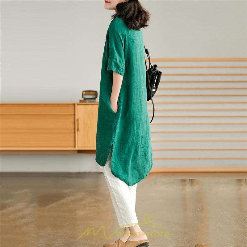 送料無料SALE | ワンピース 夏シャツ レディース 五分袖 シャツワンピース 綿麻 無地 プルオーバー 体型カバー ゆったり 大きめ 夏服 ポケット 30代40代 膝丈 おしゃれ 前後差