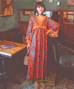 マキシ | ワンピース 長袖 ゆったり 夏秋 レディース 個性的 マキシ丈 楽ちん 体型カバー エスニック 着痩せ 赤 青 オレンジ レトロ 高品質 民族風 20代30代40代 旅行 海