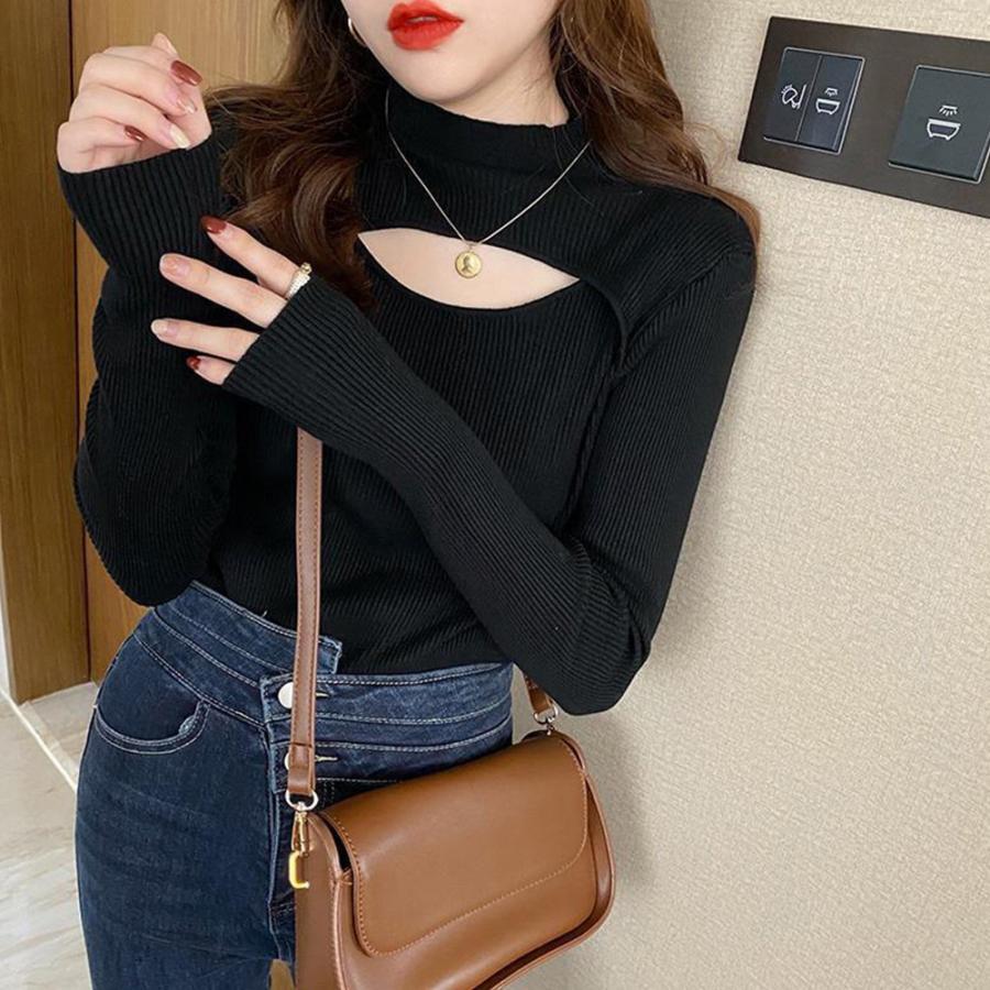 ニット・セーター | ニットトップス 胸開き プチハイネック