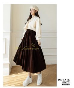 スカート | ロングティアードAラインミモレ丈 フレアビロードウエストゴム ハイウエスト 秋冬 無地 ゆったり