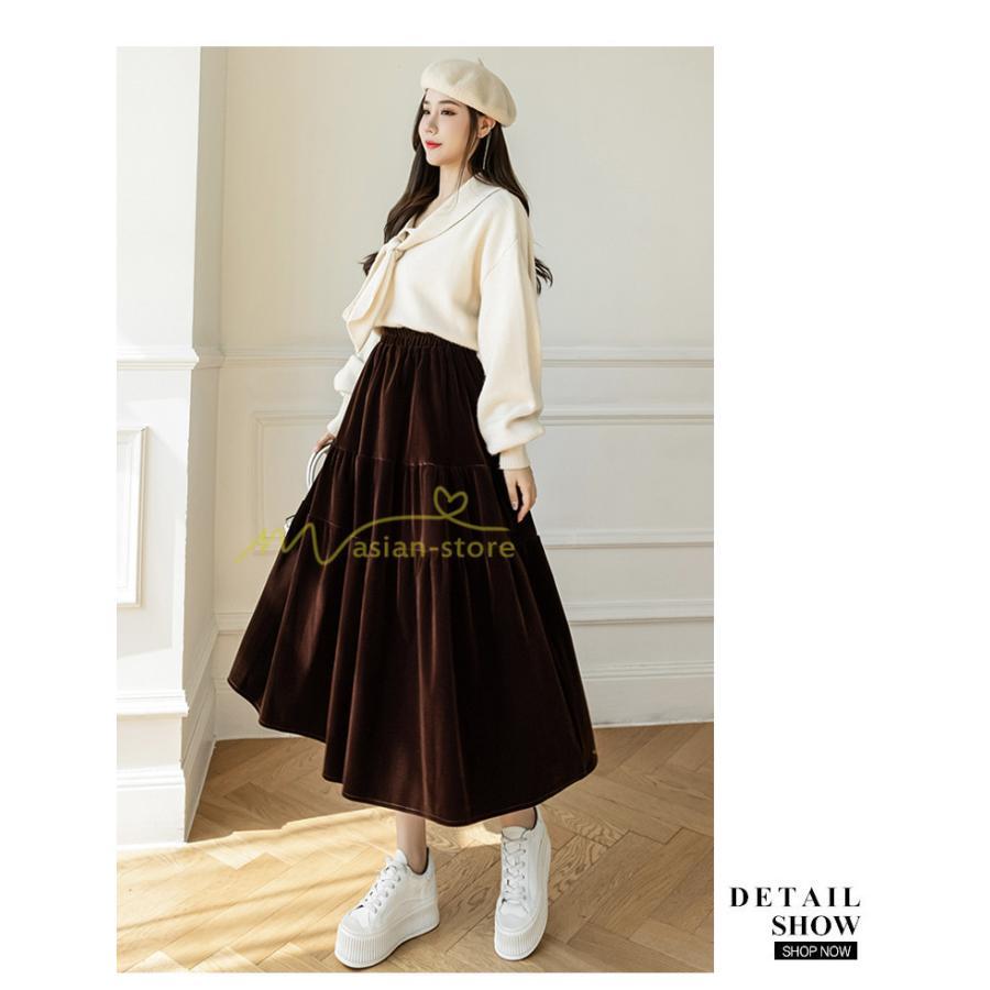 スカート | ロングティアードAラインミモレ丈 フレアビロードウエストゴム ハイウエスト 秋冬 無地 ゆったり