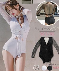 ビキニ | カシュクール 長袖 体型カバー メッシュ 背中見せ【ネ Vネック ワンピース 水着 オールインワン 水着 セクシー 水着 レディース