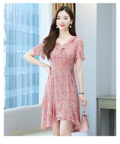 ミディアム | ワンピース レディース 小花柄 きれいめ 半袖 Aラインワンピース 着痩せ 日常感 Vネック 大きいサイズ 30代 サマーワンピース 上品 40代 大人 膝丈