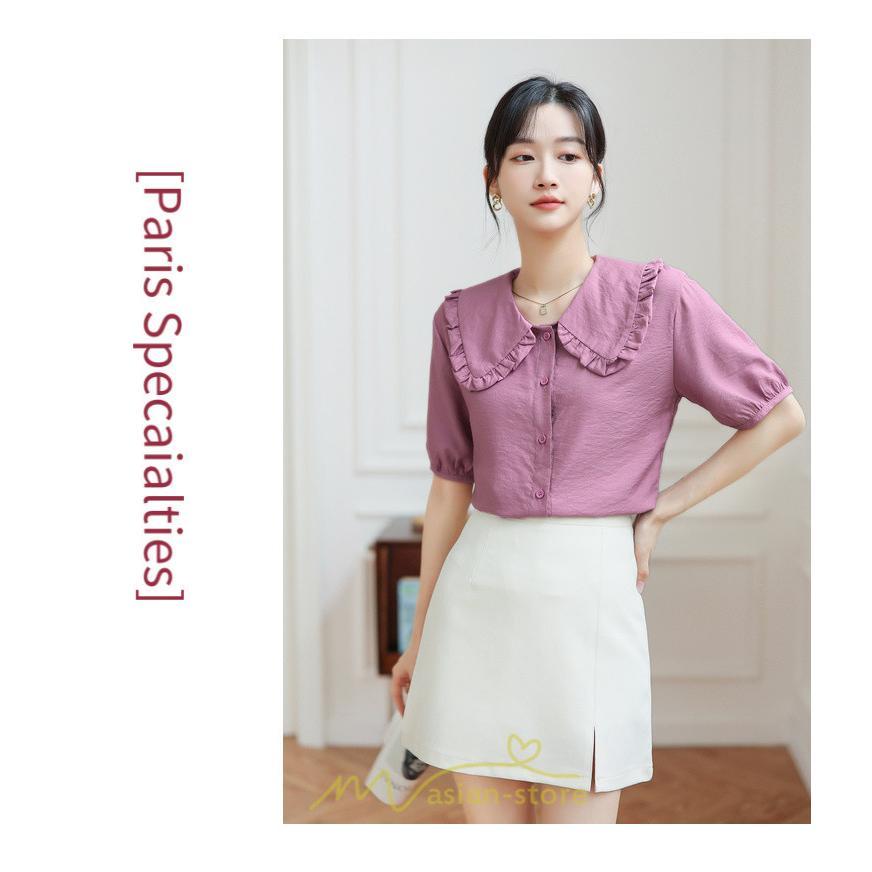 シャツ・ブラウス | ブラウス シフォン トップス レディース 白 紫 夏ブラウス シフォンブラウス 半袖 オフィス 春夏 クルーネック お出かけ 着痩せ 華奢見え フリル