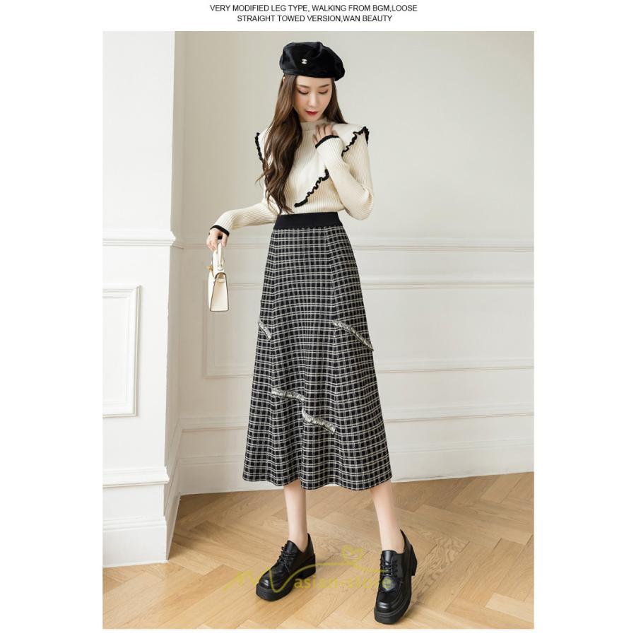 スカート | ロングチェック柄 ニット きれいめ レディース ロング丈 女子会 デート 20代 30代 40代 50代 秋 あったか お出かけ 冬 フレア 高見え 細見え