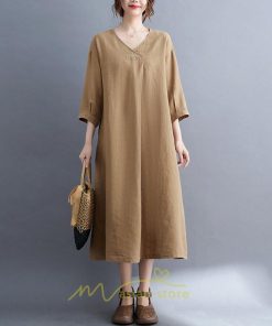 送料無料SALE | 夏ワンピース 五分袖 麻ワンピース Aラインワンピース 大きめ ゆったり 無地 Vネック ミモレ丈 ロングワンピース 女っぽい 通学通勤 30代40代 可愛い 大人