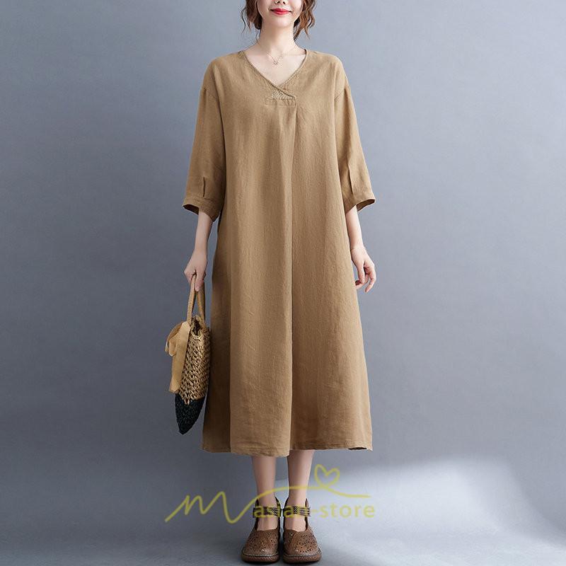 送料無料SALE | 夏ワンピース 五分袖 麻ワンピース Aラインワンピース 大きめ ゆったり 無地 Vネック ミモレ丈 ロングワンピース 女っぽい 通学通勤 30代40代 可愛い 大人