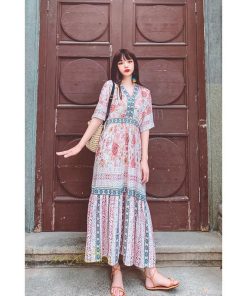 マキシ | 夏ワンピース ロングワンピース フレアワンピース 五分袖 落ち感 涼しい Vネック 大人 可愛い 旅行 パーティードレス お呼ばれワンピース 30代40代 ビーチ