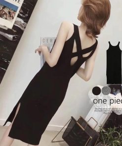 ワンピース | スリット レディース タイト膝下丈 ロングワンピ 着やせ バッククロス おしゃれ ニットノースリーブ