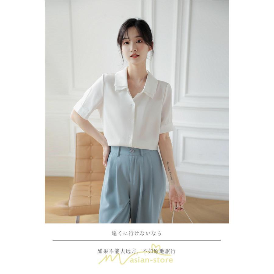 シャツ・ブラウス | トップス ブラウス 半袖 シャツ レディース オフィス フォーマル 白 黒 開襟 二重襟 バブルスリーブ 着痩せ フランス風 仕事服 クラシック 無地 通勤 大人 上品