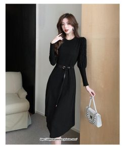 ミディアム | ワンピース 無地 きれいめ 30代 40代 50代 着やせ 上品 大きいサイズ ミモレ丈 長袖 春夏秋冬 丸首 ミモレ丈 ひざ丈 長袖 パフスリーブ