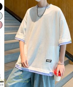 Tシャツ | メンズ 夏物 半袖 五分袖 フェイク レイヤード 重ね着風 無地 おしゃれ プルオーバー オーバーサイズ カジュアル 30代 20代 40代 ゆったり 男性着