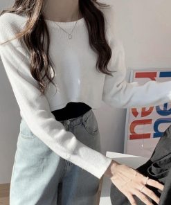 ニット・セーター | リブニットトップス ショート へそ出し