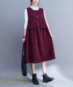 ノースリーブ | ワンピース 秋 冬 レディース 無地 可愛い 新作 丸首 コーデュロイ ひざ丈 ミディアムワンピース ゆったり シンプル ゆるワンピース プルオーバー