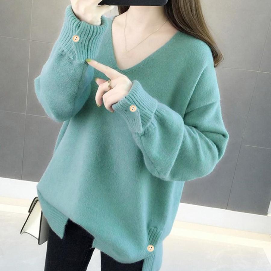 ニット・セーター | Vネック ニット ニットトップス プルオーバー 無地 ニットセーター スリット入り 秋冬 ニットソー レディース