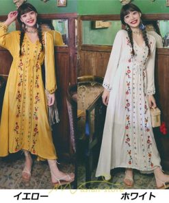 マキシ | ワンピース レディース ロング丈 サマードレス 花柄 リゾートワンピ Aライン 長袖 体型カバー ママ 大人 ゆったり 夏秋 Ｖネック 着痩せ 綿麻 刺繍 旅行 SNS映え