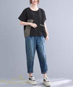 tシャツ・カットソー | tシャツ カットソー レディース 切り替え 女性着 シンプル カジュアル フリーサイズ ゆったり 夏新作 おしゃれ 半袖 チェック柄 黒 半袖tシャツ 丸首 白