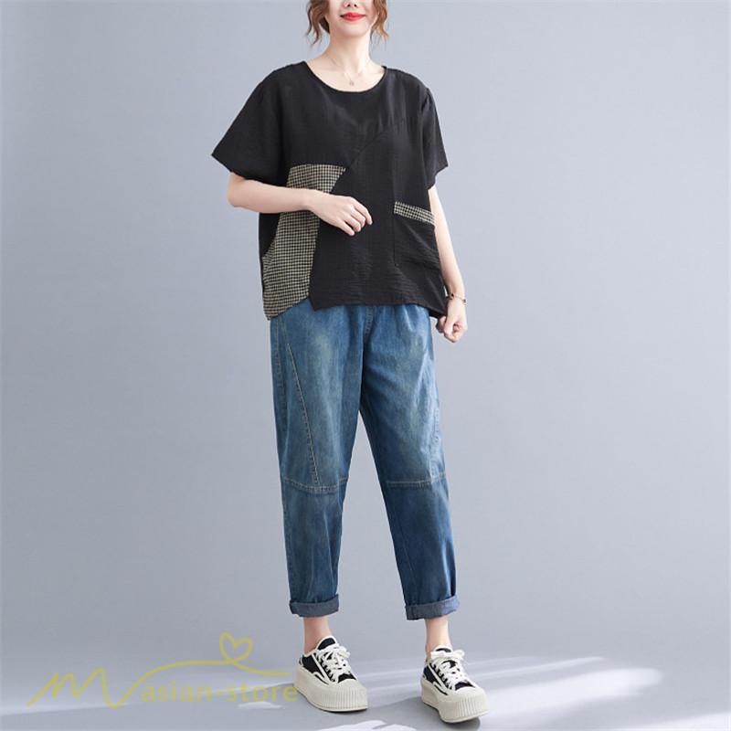 tシャツ・カットソー | tシャツ カットソー レディース 切り替え 女性着 シンプル カジュアル フリーサイズ ゆったり 夏新作 おしゃれ 半袖 チェック柄 黒 半袖tシャツ 丸首 白