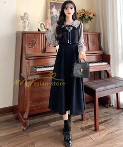 マキシ | ロングワンピース 秋物 レディース ミモレ丈 Aラインワンピース 切り替え ビロード フェイク 着やせ 30代40代 レイヤード風 重ね着風 お呼ばれワンピース