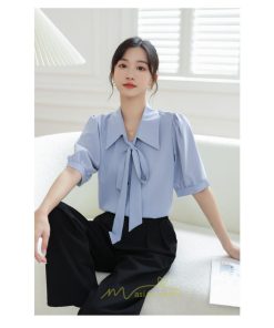 シャツ・ブラウス | シフォンブラウス 半袖 レディース シフォン ブラウス 白 青 フォーマル 開襟 服 バブルスリーブ 蝶結び 着痩せ 春 韓国風 通勤 おしゃれ 女性 上品 夏