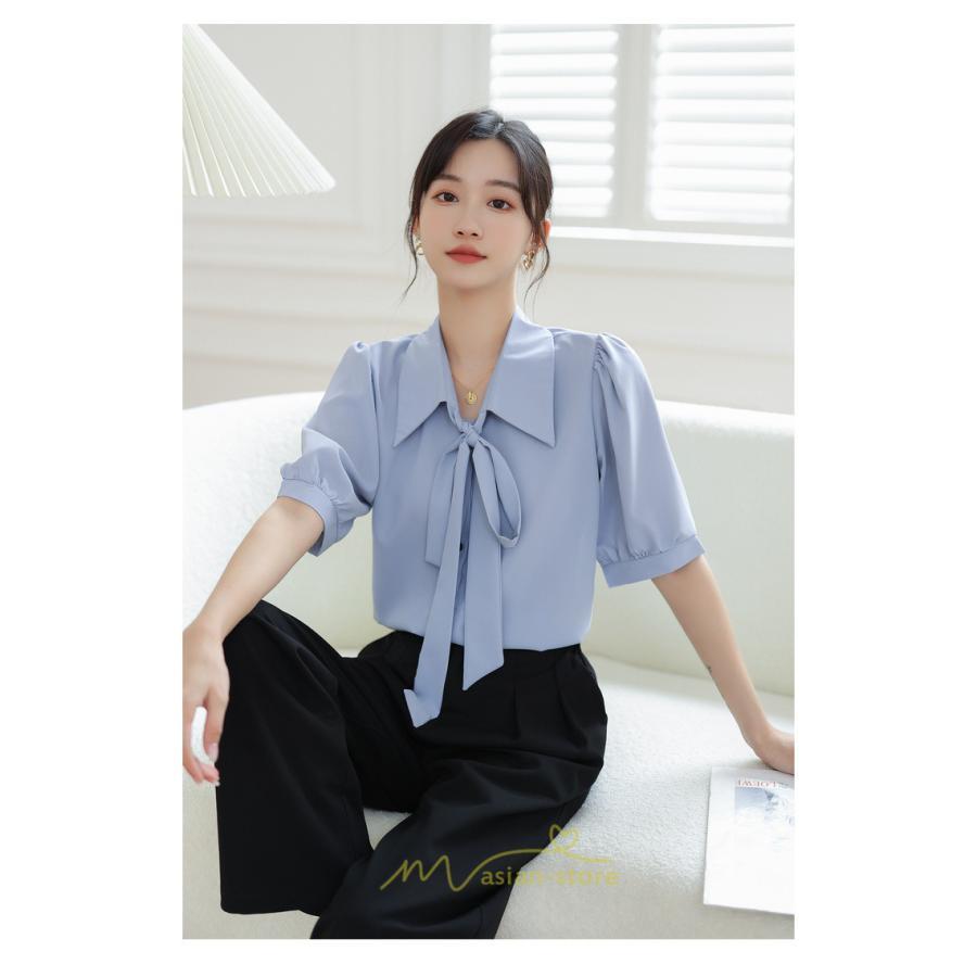 シャツ・ブラウス | シフォンブラウス 半袖 レディース シフォン ブラウス 白 青 フォーマル 開襟 服 バブルスリーブ 蝶結び 着痩せ 春 韓国風 通勤 おしゃれ 女性 上品 夏
