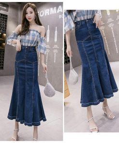 スカート | デニムマーメイド ハイウエスト デイリーコーデ フェミニン ボトムス ロング丈 タイトプリーツフレア フリルスタイリッシュ