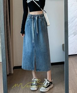 スカート | ウエストゴムデニムロング秋冬 ミモレ丈 秋物 レディース ひも付き フロントスリット Aライン大きいサイズあり スカート 6XL デニム