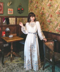 マキシ | ロングワンピース 長袖 レディース プリント Aラインワンピース 30代40代 ゆったり ワンピ 広い裾 ベルト付き ダンス プリンセス 舞台 落ち感 コスプレ