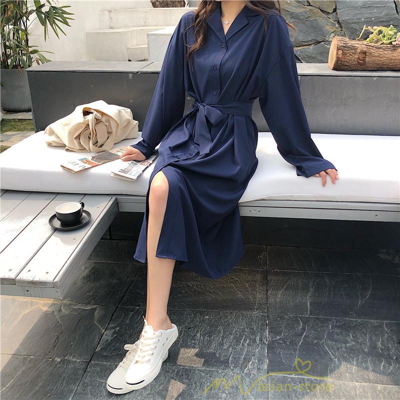 シャツワンピース | 長袖ワンピース 羽織り ワンピース ライトジャケット 膝下丈 無地 カワイイ ロングシャツ ゆったり カジュアルシャツ 20代30代 体型カバー