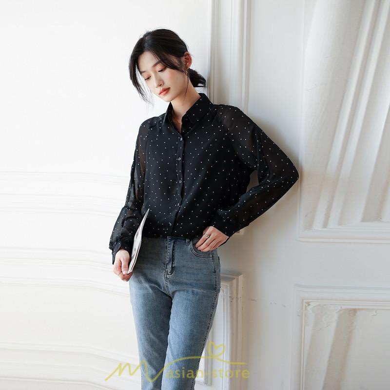 シャツ・ブラウス | ブラウス レディース きれいめ 40代 春秋新作 オシャレブラウス シャツ 長袖トップス Vネックブラウス 大人 シャツ30代 ゆったり 通勤 50代 ドット柄