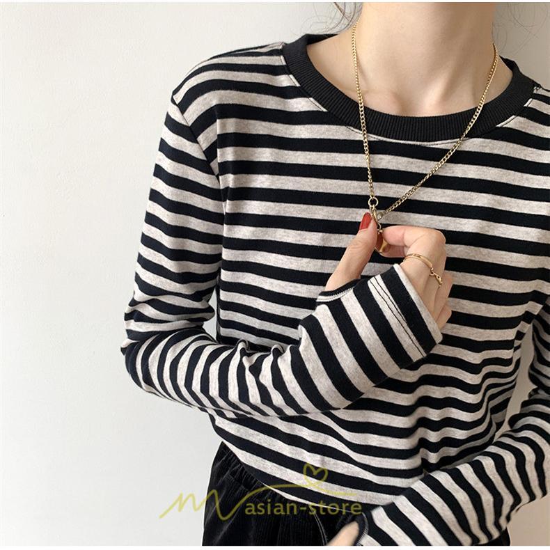 tシャツ・カットソー | 春物 レディース Tシャツ カットソー 長袖 トップス 綿 ボーダー シンプル プルオーバー リブ 柔らか 美ライン スリム ストレッチ 丸ネック 微伸縮 20代30代