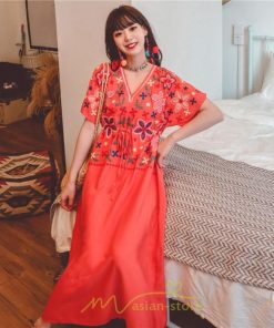 マキシ | ワンピース レディース リゾートワンピ かわいい 半袖 Ｖネック 刺繍 上品 Aライン ロング丈 ロング丈ワンピ エスニック風 結婚式 ファッション 二次会 卒業式