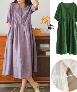 ミディアム | ワンピース レディース 夏新作 半袖 五分袖 ミモレ丈 刺繍 無地 Aラインワンピース ギャザー ゆったり Vネック ウエストリボン付き 調整可 40代 綿麻 30代