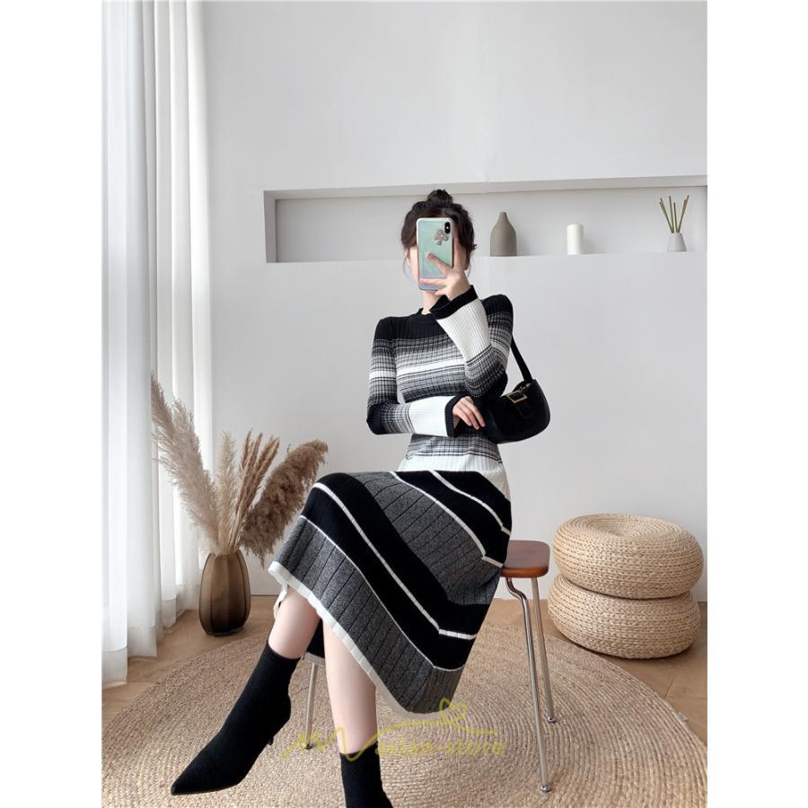 ニットワンピース | ワンピース レディース ニット ワンピース ニット チュニック ロング 長袖 着痩せ 秋冬 送料無料 ボーダー柄 2022新作 韓国風 秋冬コーデ 大人可愛い