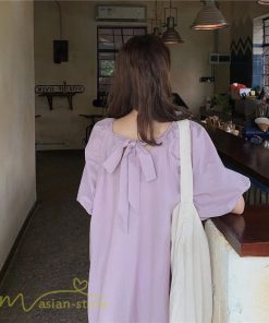 マキシ | ワンピース パフスリーブ 半袖 スクエアネック ゆったり 体型カバー ゆるワンピース フリーサイズ かわいい 無地 シンプル おしゃれ お出かけ レトロ 夏物 上品