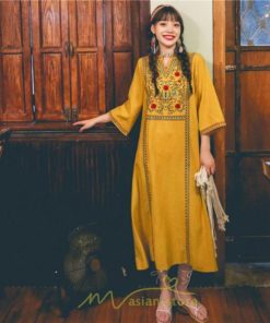 マキシ | 七分袖 ワンピース 綿麻ワンピース ロングワンピース レディース 夏秋 Aライン ゆったり 体型カバー おしゃれ きれいめ 休み 旅行 お出かけ 上品 刺繍 リゾート