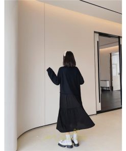 マキシ | 切り替えワンピース 長袖ワンピース 大きいサイズ ゆったり 体型カバー 黒ワンピース プリント ちょう 30代50代 かわいい 秋物 大人40代 レディース