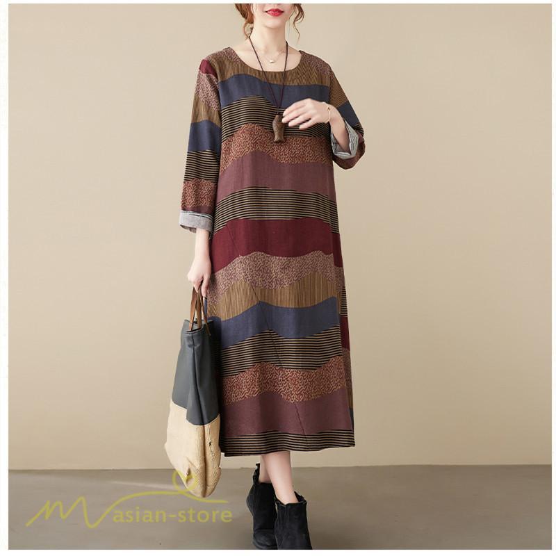 マキシ | ワンピース ロング丈 レディース シンプル 長袖ワンピース Aライン 秋コーデ カジュアル 丸首 40代 体型カバー ゆるワンピース 大きいサイズ ゆったり 50代