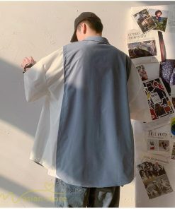 シャツ | ライトアウター メンズ ワイドカジュアル 切り替え トップス ゆったり 5分袖 韓国風 カッコウイイ ゆる夏コーデ オーバーサイズ 大きいサイズ