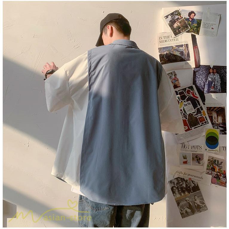 シャツ | ライトアウター メンズ ワイドカジュアル 切り替え トップス ゆったり 5分袖 韓国風 カッコウイイ ゆる夏コーデ オーバーサイズ 大きいサイズ